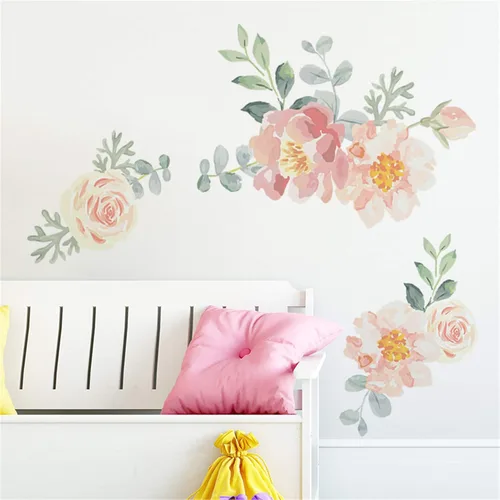 Miniatura 4 de ROFARSO Pegatinas de pared de flores, acuarela, naranja y rosa, peonía natural, plantas, vinilo, extraíble, despegar y pegar, calcomanías de pared