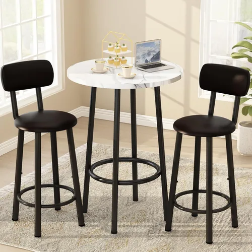 Miniatura 6 de Juego de mesa de comedor, mesa redonda de mármol sintético de 23.6 pulgadas con 2 sillas de respaldo tapizadas de poliuretano, juego de cocina