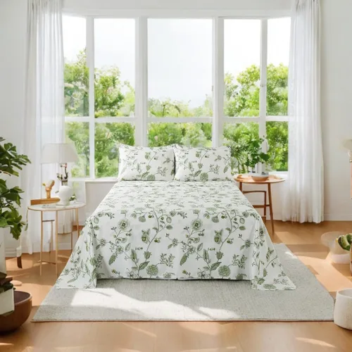 Miniatura 38 de FADFAY Juego de sábanas tamaño King, 100% algodón, elegante ropa de cama de granja con hojas verdes menta y flores blancas, sábana suave