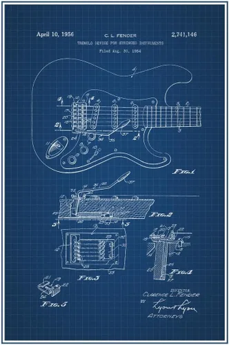 Miniatura 5 de Guitarra eléctrica 1956 Oficina de Patentes Oficina Oficial Diseño de Blueprint Instrumento de cuerda Rock Roll Banda de música Cuerdas Trastes