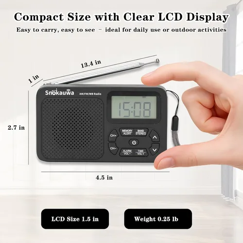 Miniatura 6 de Radio AM FM, radio portátil NOAA para emergencias, pequeña radio digital con almacenamiento de modo dual, sintonizador digital, temporizador