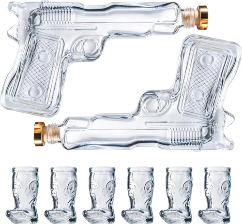 Miniatura 9 de Juego de decantador de pistola y vasos de chupito para fiesta, decantador de pistola de whisky y vaso de chupito, vertedores y tapón, 2 decantadores