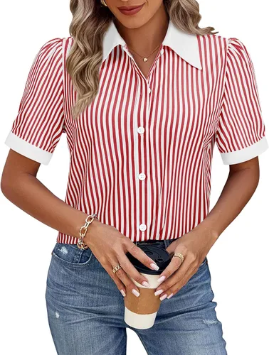 Miniatura 10 de Gleeivy Camisas de botones para mujer de manga corta abombada, camisas de vestir abotonadas con cuello ajustado, blusa superior de trabajo