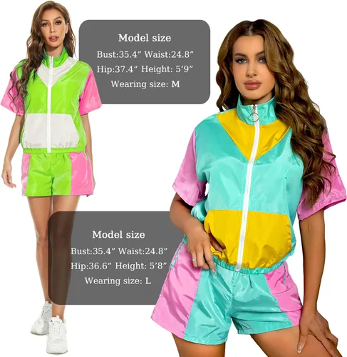 Miniatura 5 de Yisfri Conjunto de 2 piezas rompevientos con bloques de color para mujer, manga corta, cremallera frontal, cintura elástica