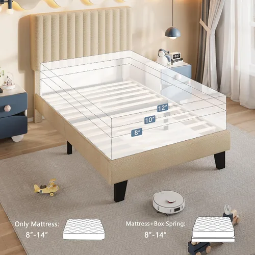 Miniatura 9 de Einhomn Base de cama tamaño individual con cabecero, base de cama tapizada de lino con listones de madera maciza, sin ruido, no necesita somier