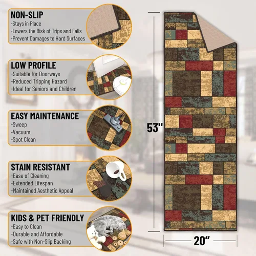 Miniatura 2 de Ottomanson Alfombra de pasillo de 20 x 53 pulgadas, antideslizante, fácil de limpiar, alfombra de lavandería, duradera y apta para mascotas