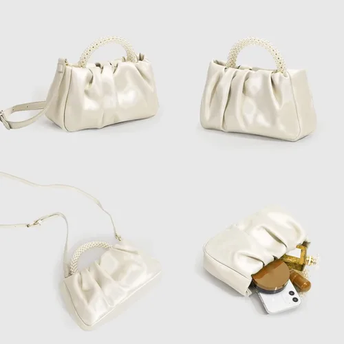 Miniatura 8 de Beatfull Bolso de noche para mujer, bolso de mano pequeño con perlas de cuero suave, bolso fruncido para boda, novia, fiesta, baile de graduación