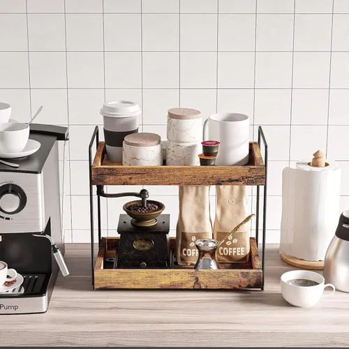 Miniatura 3 de Organizador de encimera de baño de 2 niveles, estante de especias de madera para encimera de cocina, organizador de maquillaje cosmético de tocador