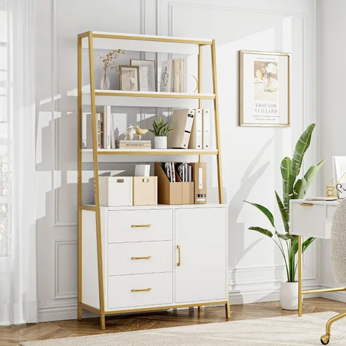 Miniatura 2 de HITHOS Estantería Alta de 69", Estantería Blanco Dorado de 4 Niveles con Cajones de Madera y Estantes de Escalera, Gabinete de Almacenamiento