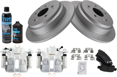Miniatura 3 de TRQ Kit de pastillas de freno trasero y rotor, pinza de freno, kit químico, pastillas de freno, rotor de freno de cerámica premium recubierto G