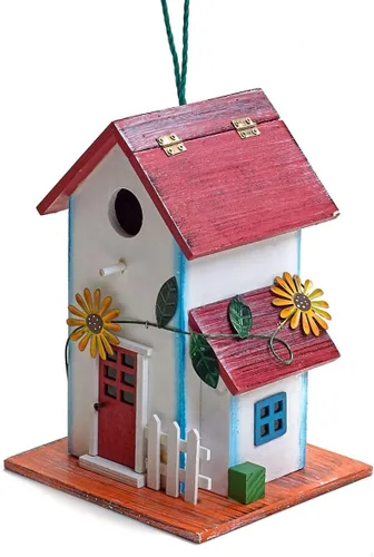 Miniatura 2 de Bo-Toys Pintada a mano pajarera de madera con flores decoración de jardín al aire libre
