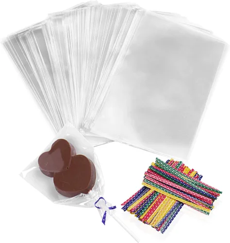 Beasea Bolsas de celofán de 4 x 6 pulgadas, bolsas de celofán, 300 bolsas de violonchelo para piruletas con 4 colores mezclados, lazos para