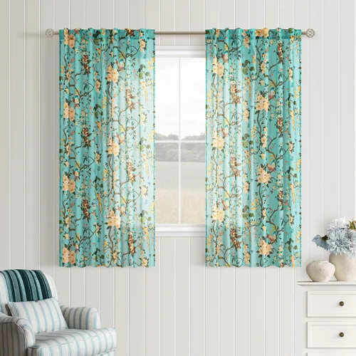 Miniatura 27 de Cortinas de lino florales azules y amarillas, estilo vintage, bohemio, de 63 pulgadas, 2 paneles con pestaña trasera para sala de estar