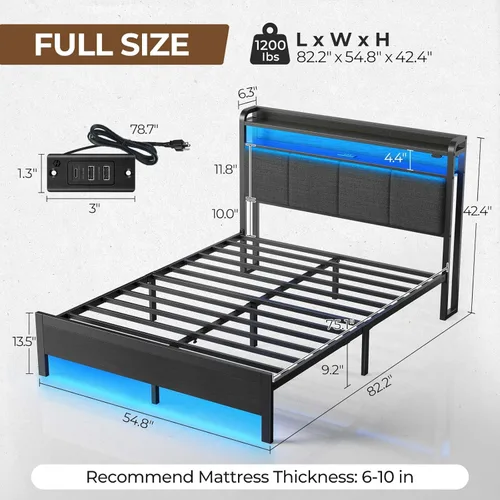 Miniatura 2 de Rolanstar Armazón de cama tamaño completo con estación de carga y luces LED, cabecera tapizada con estantes de almacenamiento, listones de metal