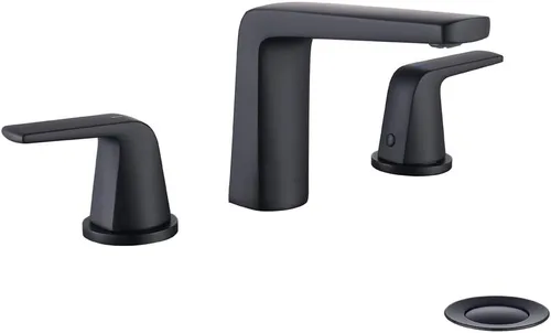 Grifo de baño extendido de 8 pulgadas con 2 manijas, 3 orificios, con ensamblaje de desagüe emergente y líneas de suministro de agua (Negro)