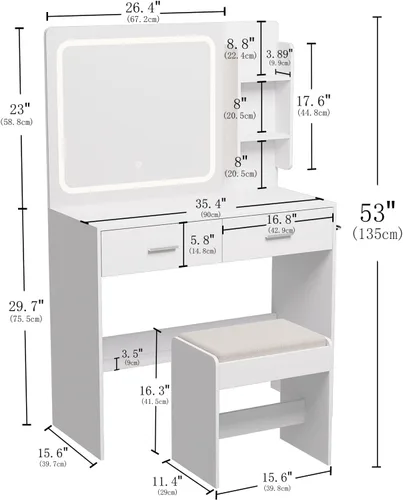 Miniatura 6 de Tocador de maquillaje con espejo iluminado y toma de corriente – 2 estantes, 2 cajones, almacenamiento inferior – Viene con taburete tapizado