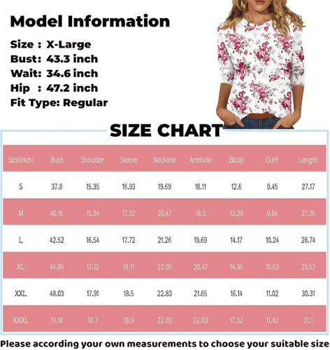 Miniatura 5 de Camisetas de manga 3/4 para mujer, cuello redondo, holgadas, casuales, con estampado floral, camisetas de moda para el trabajo de negocios