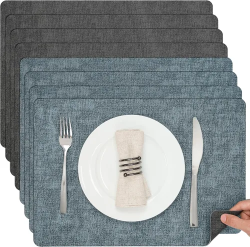 Miniatura 50 de Myir JUN Juego de 6 manteles individuales de doble cara, de piel sintética, para interiores, para mesa de comedor, exteriores, cuadrados, Negro