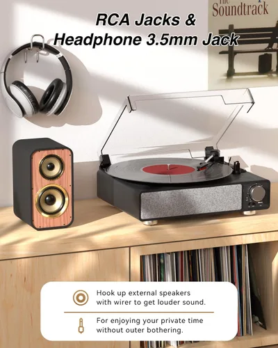 Miniatura 3 de MONODEAL - Tocadiscos de vinilo con altavoces, tocadiscos de 3 velocidades para discos de vinilo con transmisor Bluetooth, parada automática, salida