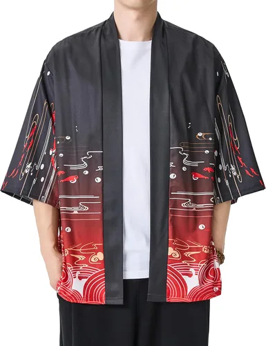 Miniatura 13 de PRIJOUHE Chaqueta Kimono Ligera para Hombre de Manga Tres Cuartos con Frente Abierto Cárdigan Estilo Japonés
