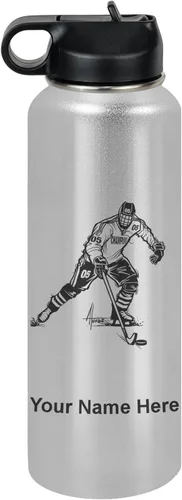 Miniatura 14 de LaserGram Botella de agua personalizada, jugador de hockey, acero inoxidable de doble pared aislada al vacío con popote superior, regalo grabado