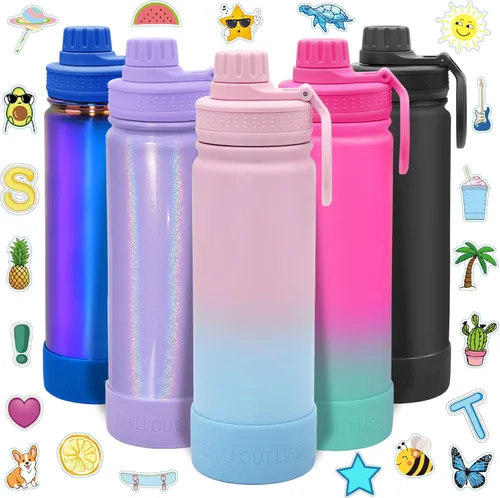 CHILLOUT LIFE Botella de agua aislada para niños de 22 onzas para la escuela con tapa de boquilla a prueba de fugas y bonitas calcomanías Algodón de