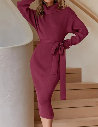 Miniatura 51 de ZESICA - Vestido por debajo de la rodilla de suéter, de cuello alto, para mujer, de manga larga, de punto acanalado, con abertura y cinturón