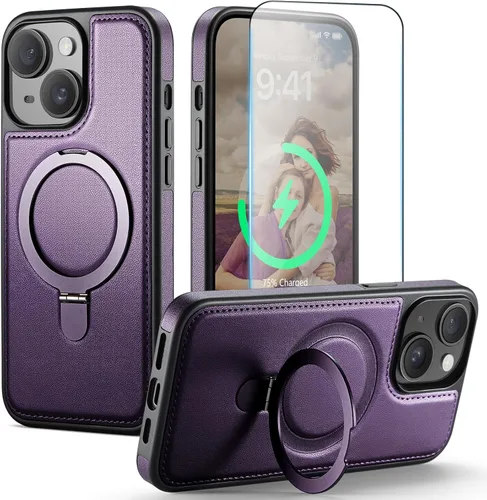 Miniatura 22 de Funda para iPhone 13 con soporte compatible con Magsafe, color negro Magnetic Kickstand, with Tempered Glass Screen Protector, Durable PU Leather