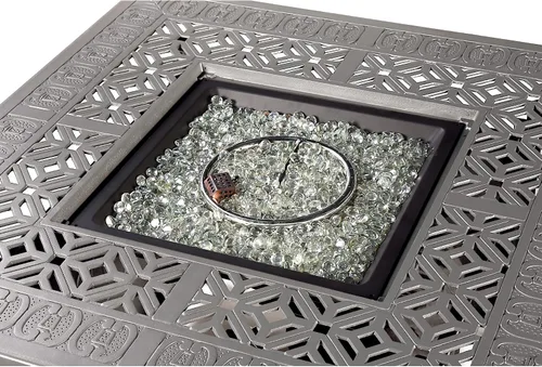 Miniatura 4 de Mesa cuadrada de aluminio para fogata de propano de 42 x 42 pulgadas con cuentas de vidrio, dos tapas, tapa, 57,000 BTU en acabado blanco Gris