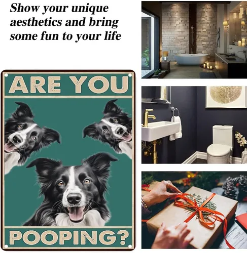 Miniatura 7 de Letrero de metal con texto en inglés "Dog Border Collie Are You Pooping", letrero vintage divertido retro de aluminio para el hogar, cocina, baño
