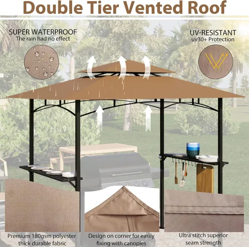 Miniatura 5 de Gazebo de parrilla de 8 x 5 pies, carpa de parrilla para parrilla al aire libre, gazebo de barbacoa de doble nivel con marco de acero, dos estantes