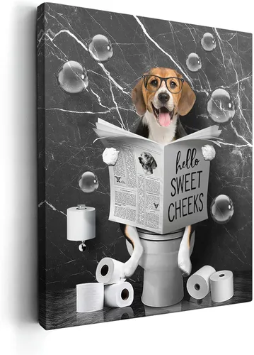 Miniatura 10 de Kasluolo Divertido arte de pared de perro Beagle para decoración de baño, lindo beagle sentado en la bañera, lienzo impreso pintura de animales