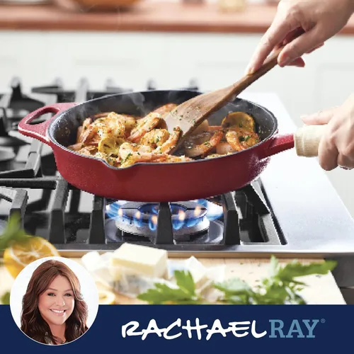 Miniatura 7 de Rachael Ray NITRO - Sartén de hierro fundido con mango auxiliar y boquillas de vertido, 10 pulgadas, color rojo
