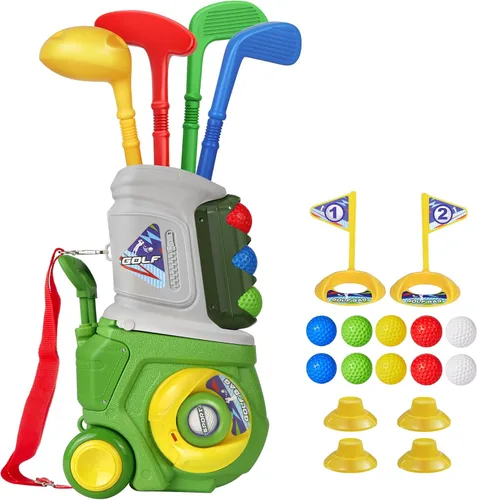 Juego de golf para niños y niñas de 1, 2, 3, 4, 5 años, con 4 palos de golf de plástico, 10 pelotas, para interiores y exteriores, juego de palos de