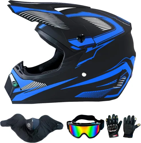 Miniatura 9 de Casco de motocross ATV motocicleta de cara completa todoterreno E Bike casco DOT con gafas y guantes máscara de rayas azules M (22.0-22.4 in)