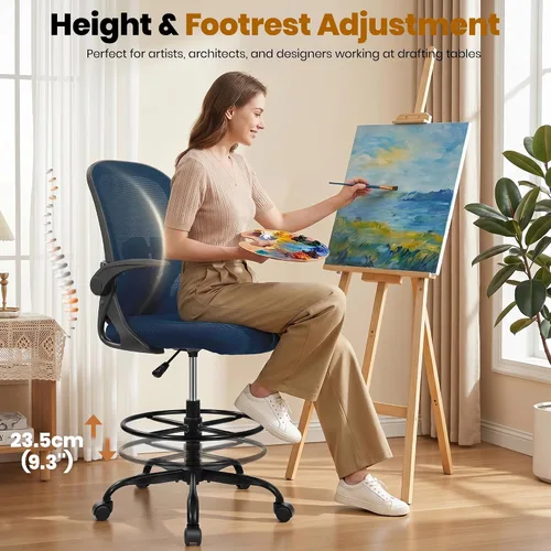 Miniatura 6 de Primy Silla de Dibujo Silla Alta de Oficina con Reposabrazos Abatibles Silla Ejecutiva Ergonómica de Computadora para Escritorio de Pie con Soporte