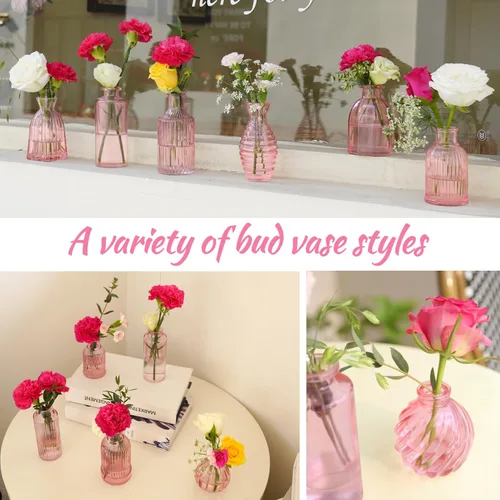 Miniatura 6 de Jarrón rosa, juego de 12 jarrones pequeños de vidrio rosa para flores, moderno jarrón de vidrio acanalado para decoración de boda, florero de flores