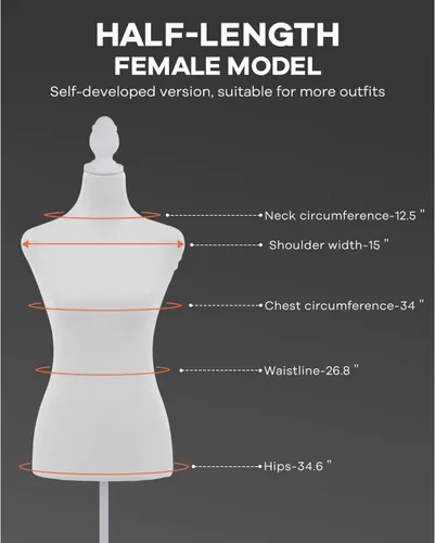Miniatura 2 de Soporte de torso para maniquí, altura ajustable de 49.6 a 63.4 pulgadas, forma de vestido femenino para costura, pantalla portátil con base de Blanco