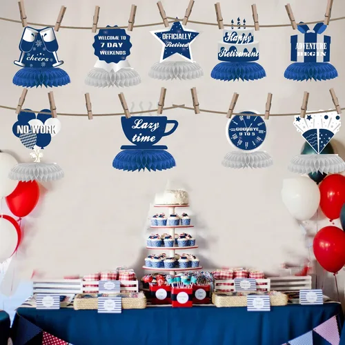 Miniatura 4 de 9 piezas de decoración de feliz jubilación, centros de mesa de nido de abeja, suministros de fiesta, azul y plateado, letrero de aventura