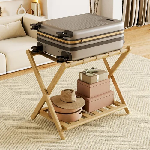 Miniatura 12 de oakvivo Portaequipajes negro totalmente montado para habitación de invitados, soporte plegable de bambú para maleta con 5 correas de nailon, soporte