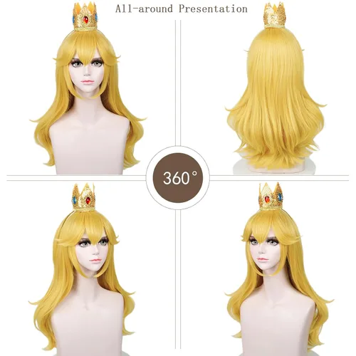 Miniatura 7 de LABEAUTÉ Aldult - Peluca rubia de princesa para mujer con corona, broche + clip para la oreja + gorra, juego de 5 piezas de peluca dorada larga