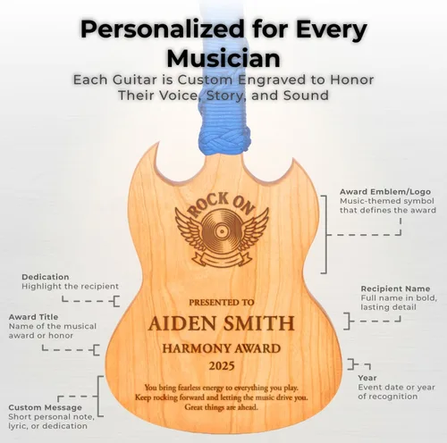 Miniatura 2 de Premio personalizado de guitarra Cherrywood, placa grabada personalizada con mango de paracaídas azul, 23 x 8 pulgadas Regalo para músicos