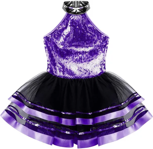 Miniatura 90 de CHICTRY Vestido tutú de ballet con lentejuelas brillantes para niñas y niñas, moderno disfraz de baile latino de jazz