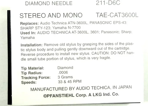 Miniatura 2 de Aguja de fonógrafo para audio Technica AT3600L ATN3601 Panasonic EPC-36, EPS-43, 75SMHD, EPS-43STSD, EPS-75STHSD, Sharp STY-123, Yamaha N-7700