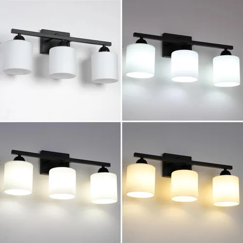 Miniatura 3 de Mecgirn Luces de Tocador de Vidrio Esmerilado para Baño, 3 Luces Accesorios de Iluminación para Baño Negro Mate Sobre Espejo, Portalámparas