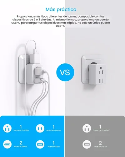 Miniatura 7 de Adaptador de enchufe de viaje europeo USB C, adaptador de enchufe internacional HANYCONY de EE. UU. a Europa, enchufe de 2 tomas, 3 puertos USB