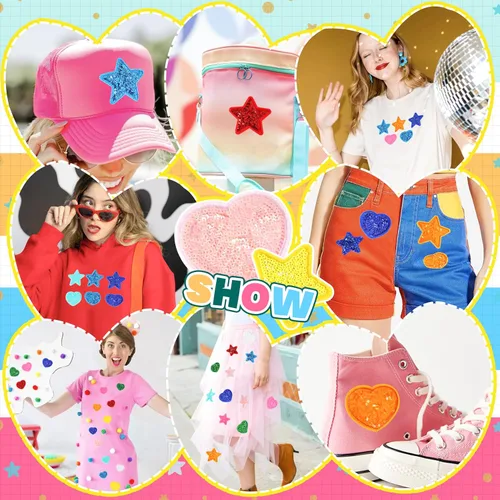 Miniatura 6 de Parches bordados de lentejuelas para planchar para la ropa: KINGSOW 40 piezas Preppy Parche de estrella brillante con adhesivo para manualidades