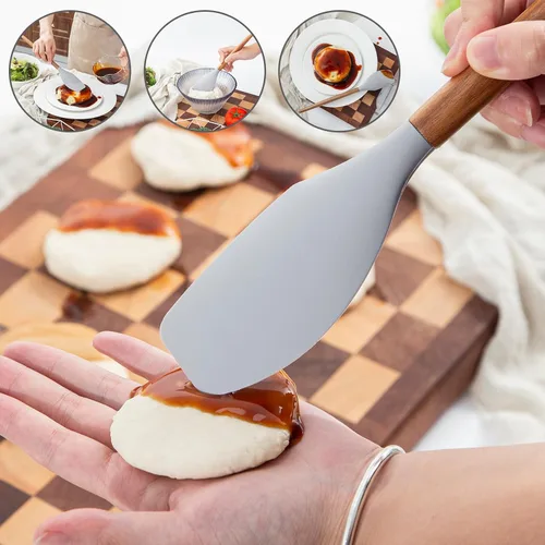 Miniatura 3 de Juego de 2 espátulas de silicona para hornear y cocinar, para mezclar buenos agarres, espátulas de acacia, grado alimenticio, mango de madera maciza