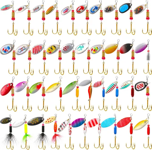 Skylety 40 piezas de señuelo de pesca de metal duro colorido cebo giratorio con caja de aparejos cuchara de trucha señuelos de pesca para lubina,
