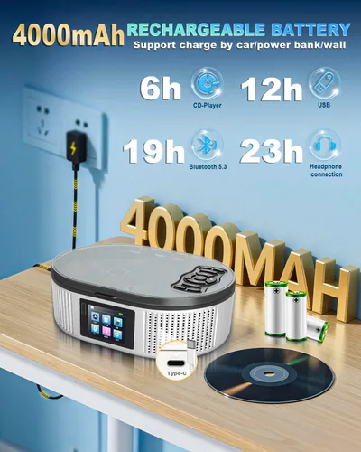Miniatura 5 de Reproductor de CD portátil con altavoces estéreo duales, Boombox recargable de 4000mAh de escritorio Bluetooth 5.3 para el hogar y el automóvil